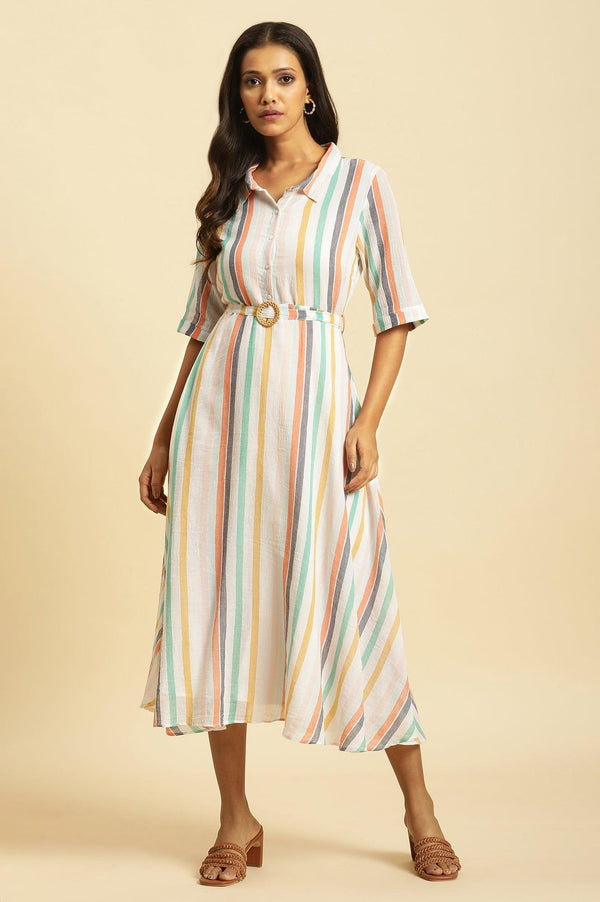 Ecru Flared Dress With Belt In Multi-Coloured Stripe Print