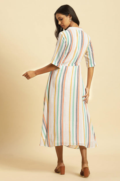 Ecru Flared Dress With Belt In Multi-Coloured Stripe Print - wforwoman