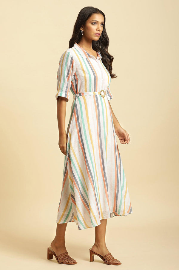 Ecru Flared Dress With Belt In Multi-Coloured Stripe Print