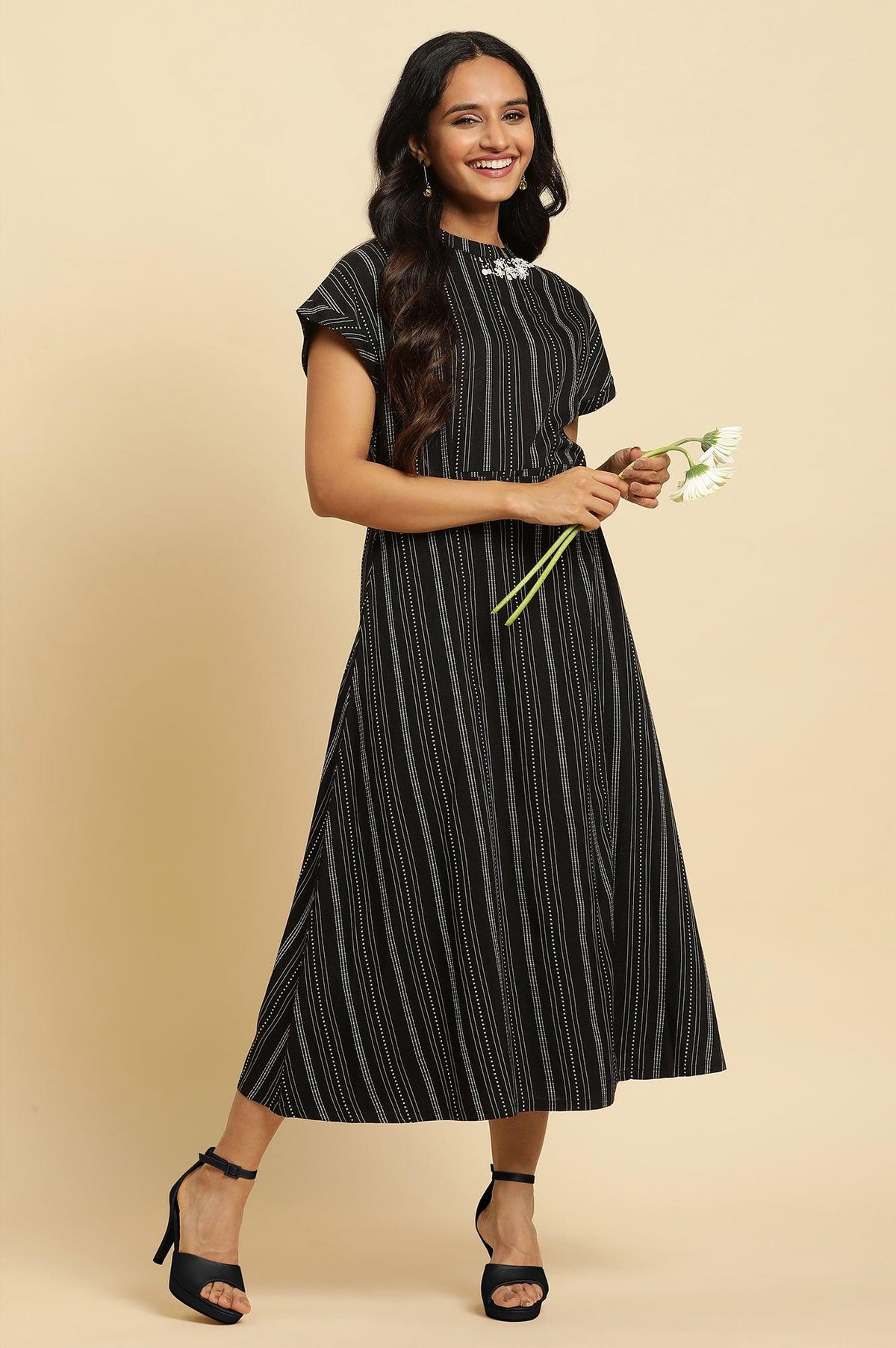 Black Embroidered Neck Stripe Western Dress - XS