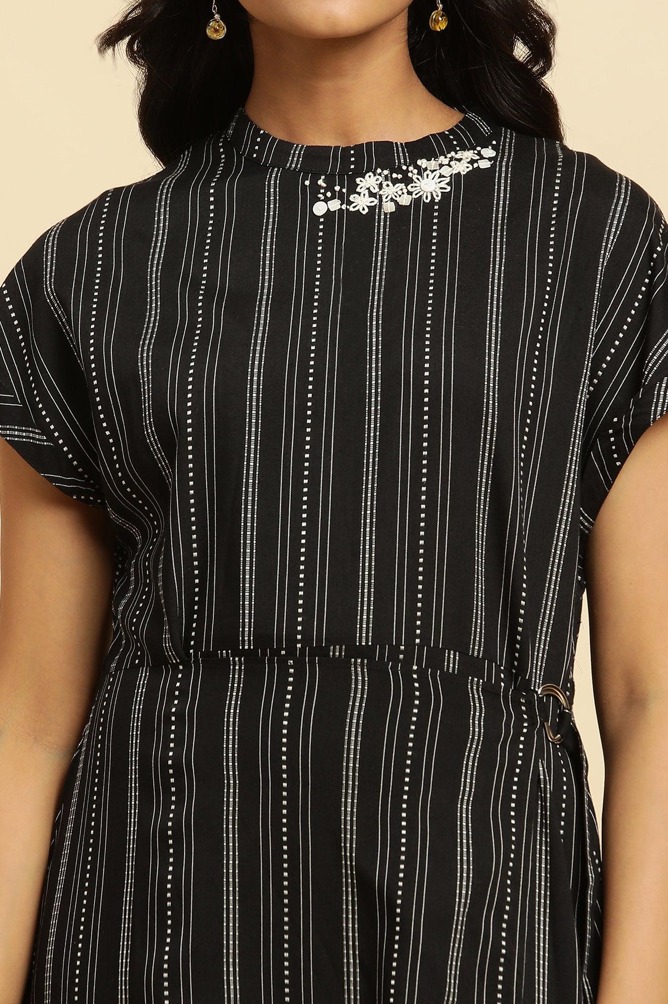 Black Embroidered Neck Stripe Western Dress - wforwoman
