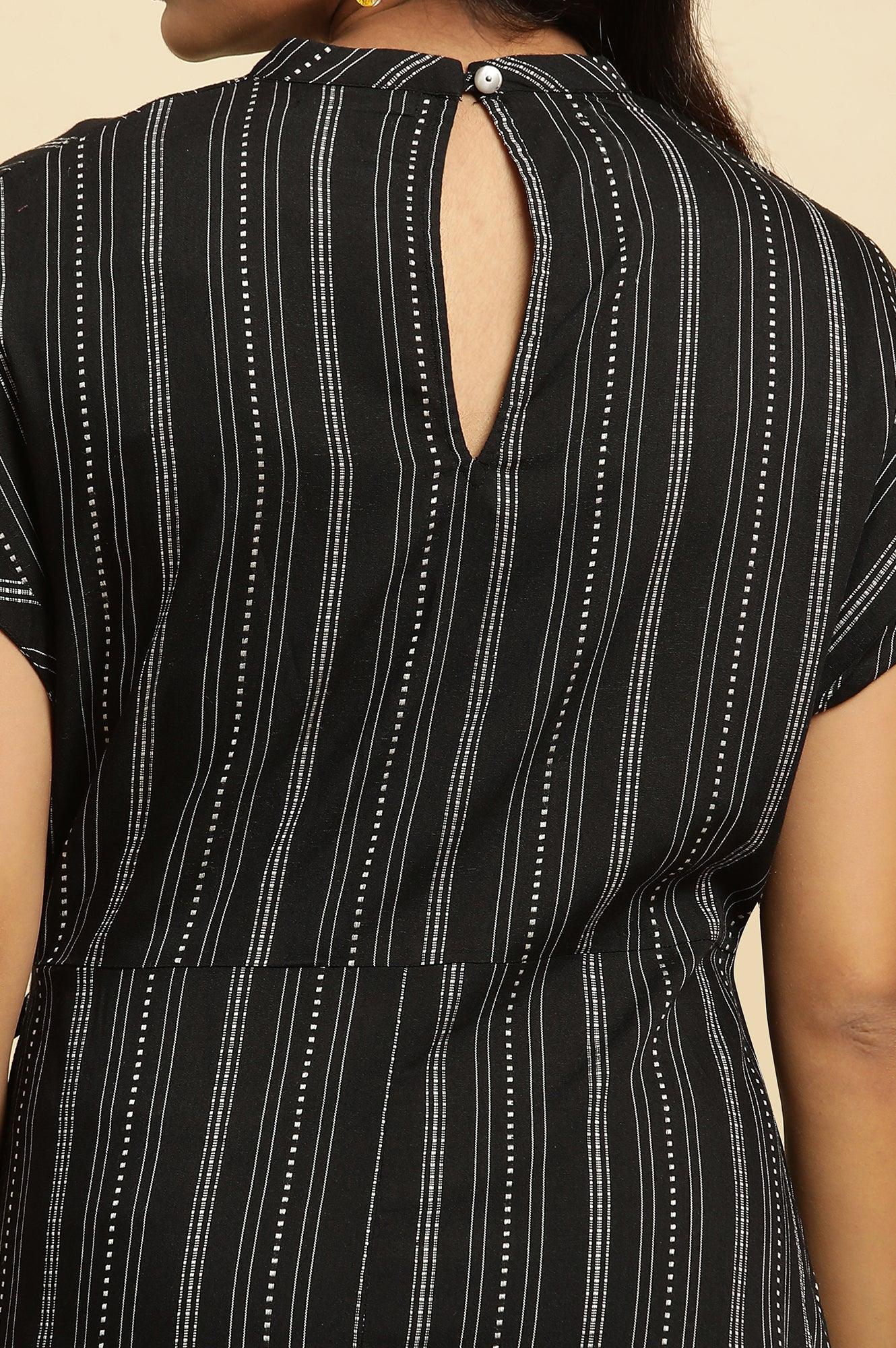 Black Embroidered Neck Stripe Western Dress - wforwoman