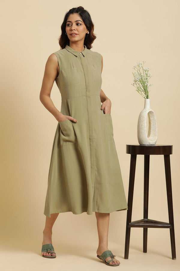 Green Solid A-Line Tailored Long Dress