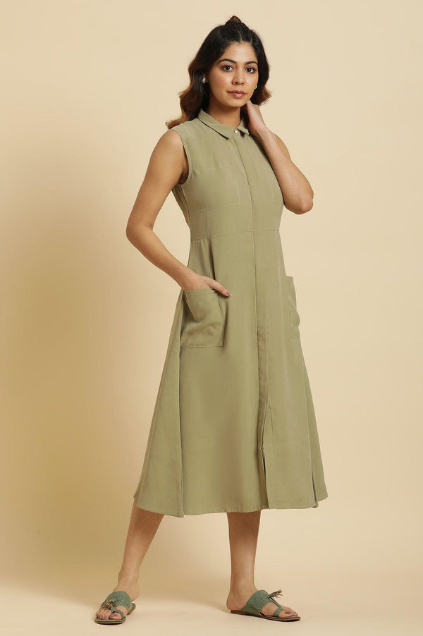 Green Solid A-Line Tailored Long Dress