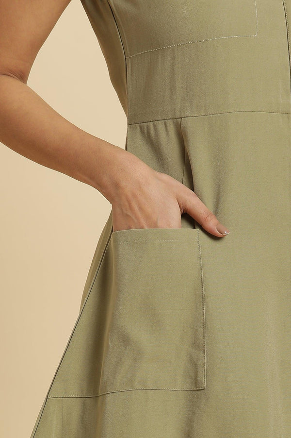 Green Solid A-Line Tailored Long Dress