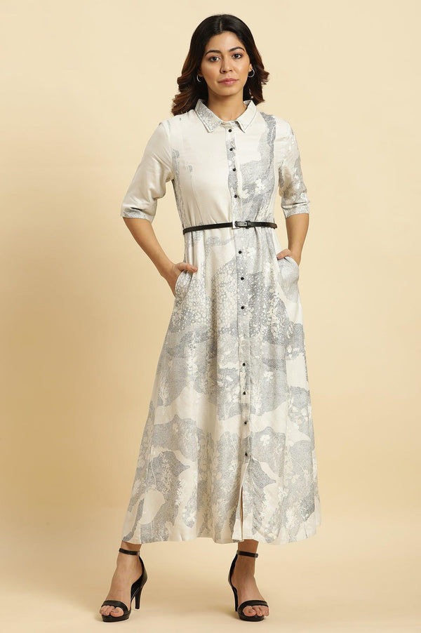 Ecru A-Line Placement Printed Western Long Dress with Belt