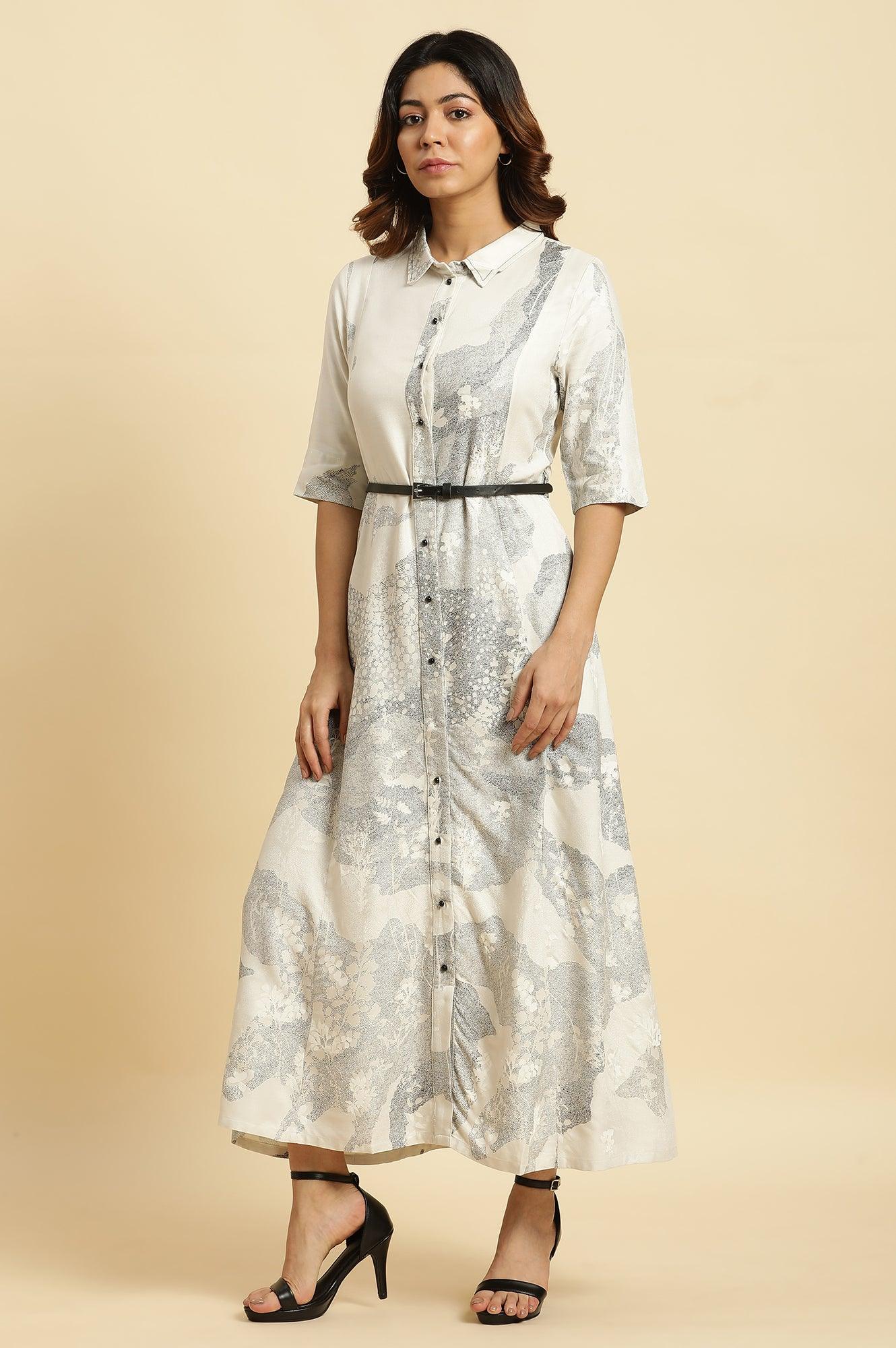 Buy Ecru A-Line Placement Printed Western Long Dress with Belt Online for Woman Buy Ecru A-Line Placement Printed Western Long Dress with Belt Online for Woman