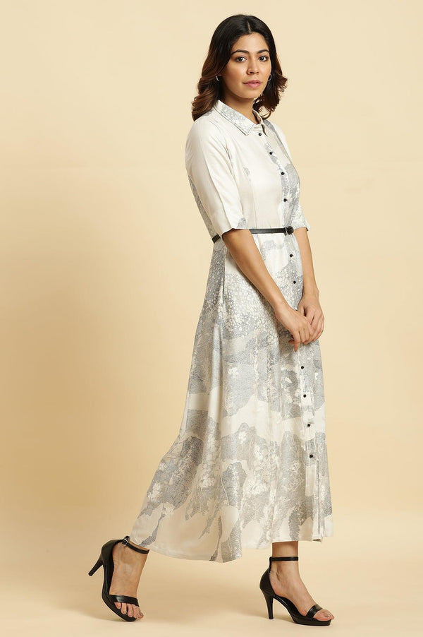 Ecru A-Line Placement Printed Western Long Dress with Belt