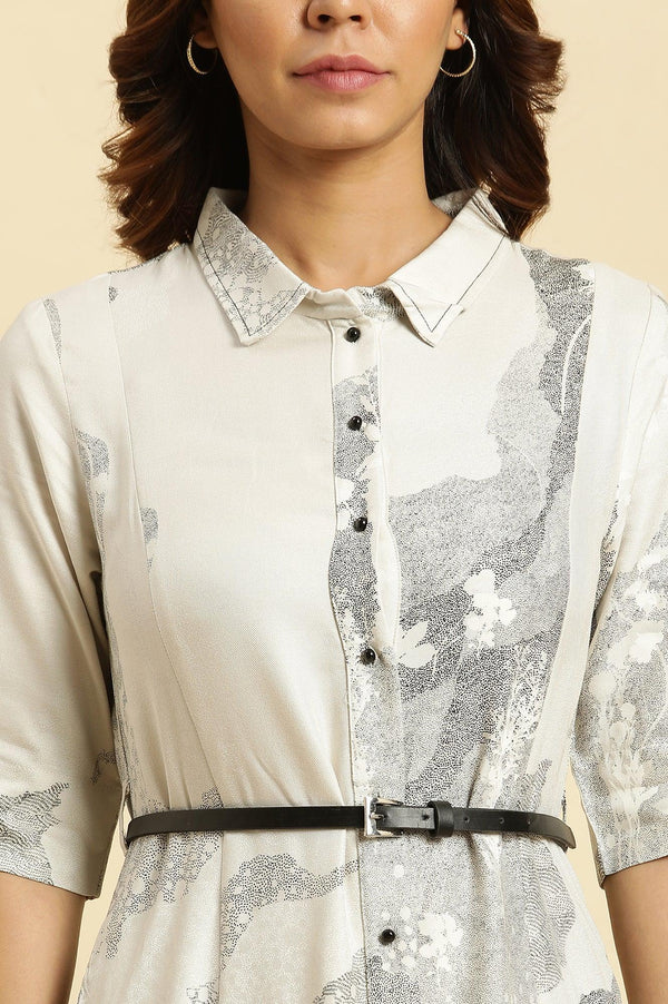 Ecru A-Line Placement Printed Western Long Dress with Belt