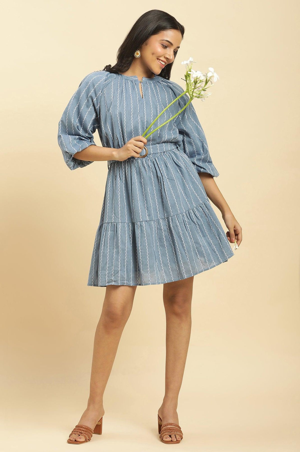 Blue Yarn Dyed Tiered Western Dress With Belt - XS
