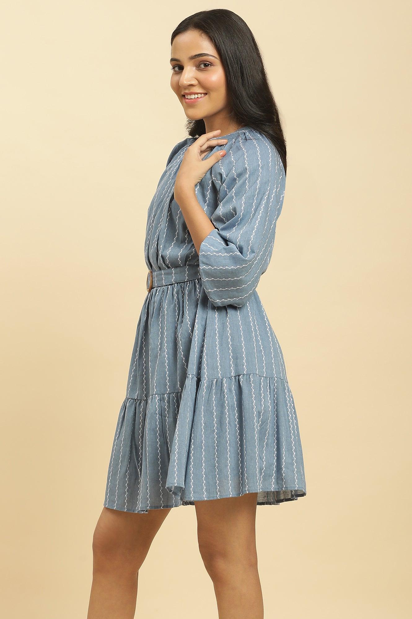 Blue Yarn Dyed Tiered Western Dress With Belt - wforwoman