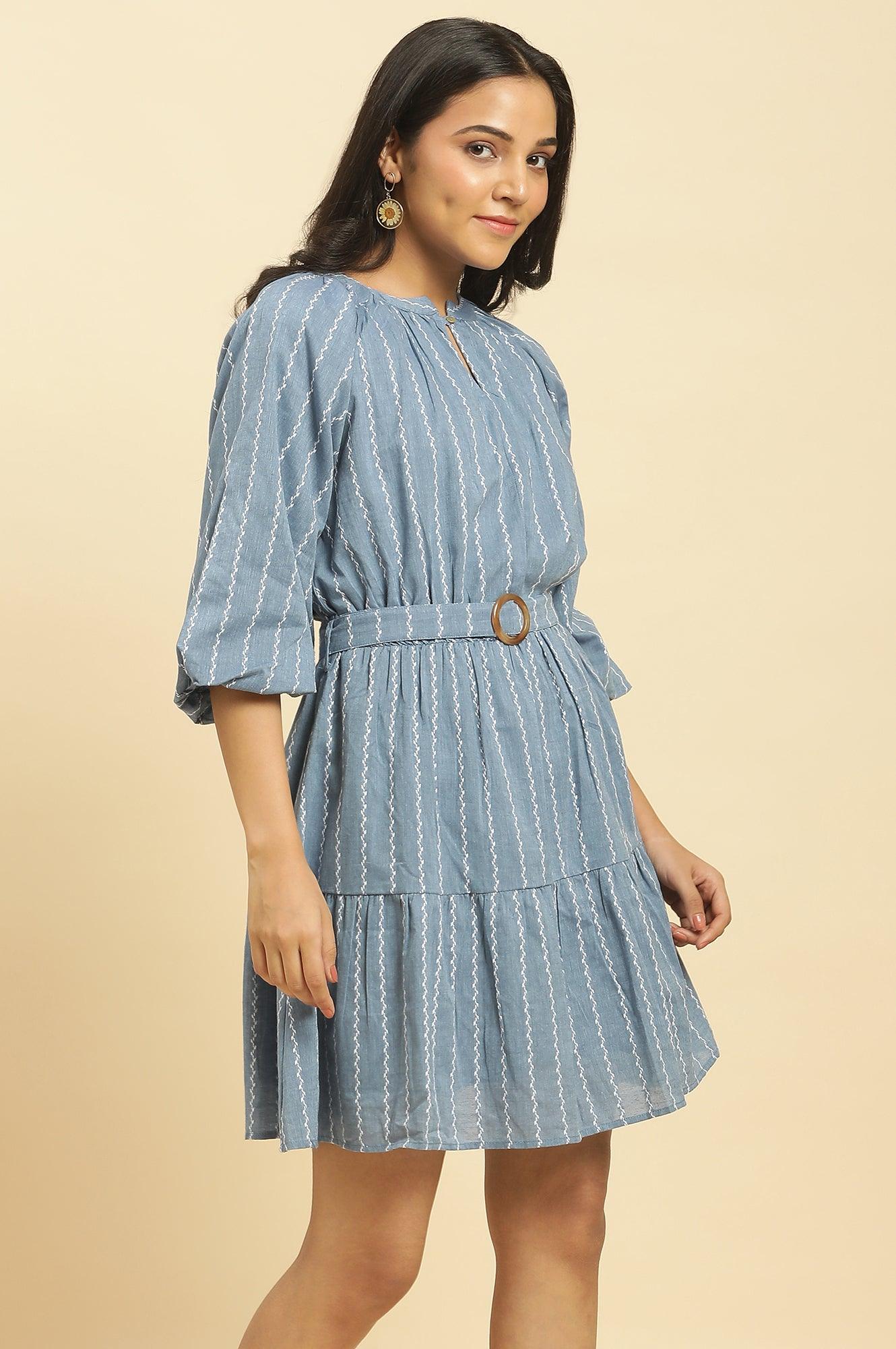 Blue Yarn Dyed Tiered Western Dress With Belt - wforwoman