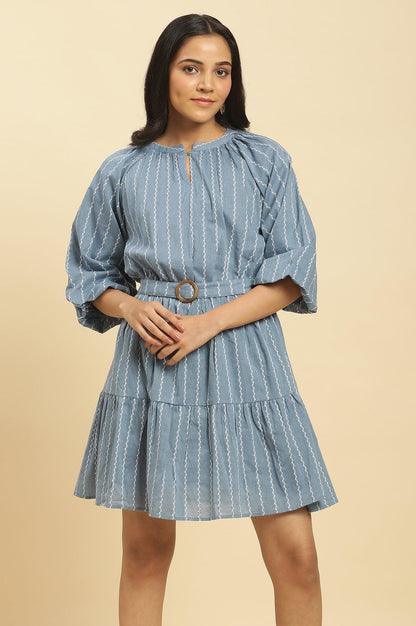 Blue Yarn Dyed Tiered Western Dress With Belt - wforwoman