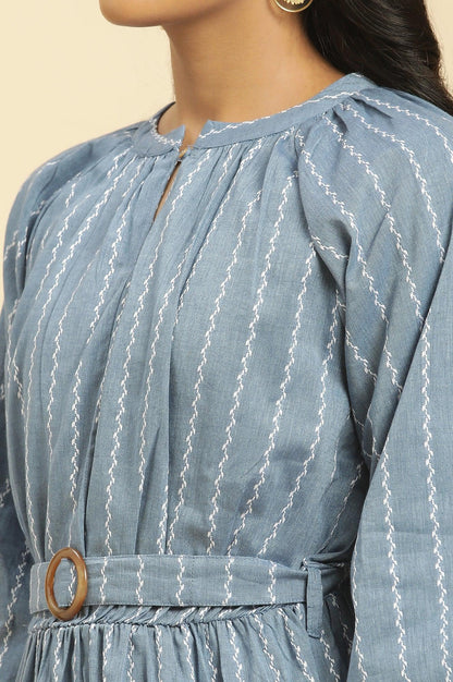 Blue Yarn Dyed Tiered Western Dress With Belt - wforwoman