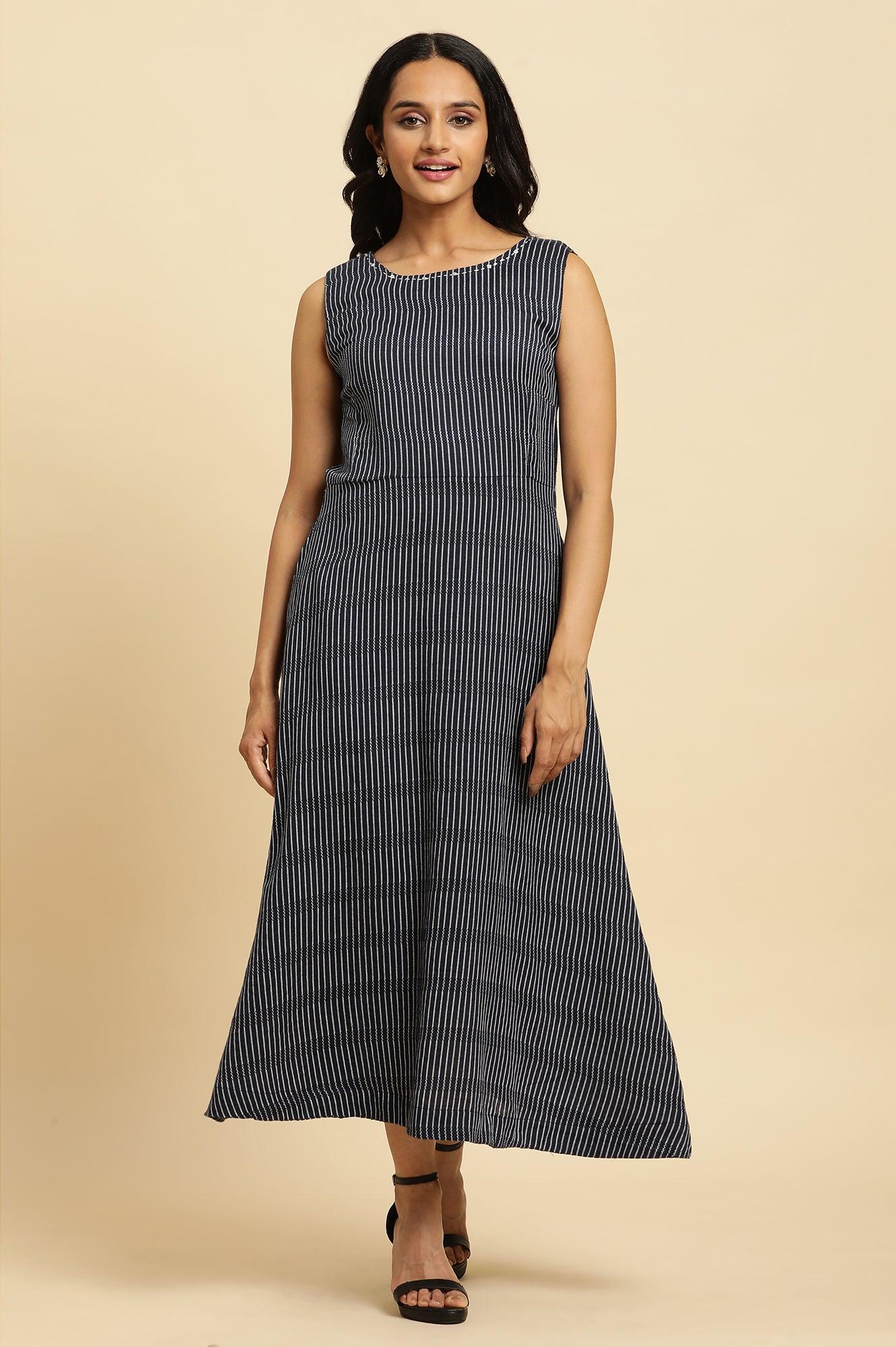 Navy Stripes Fit And Flare Dress With Embroidered Neck - wforwoman