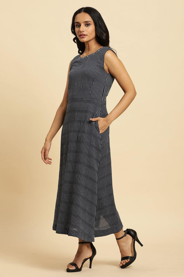 Navy Stripes Fit And Flare Dress With Embroidered Neck