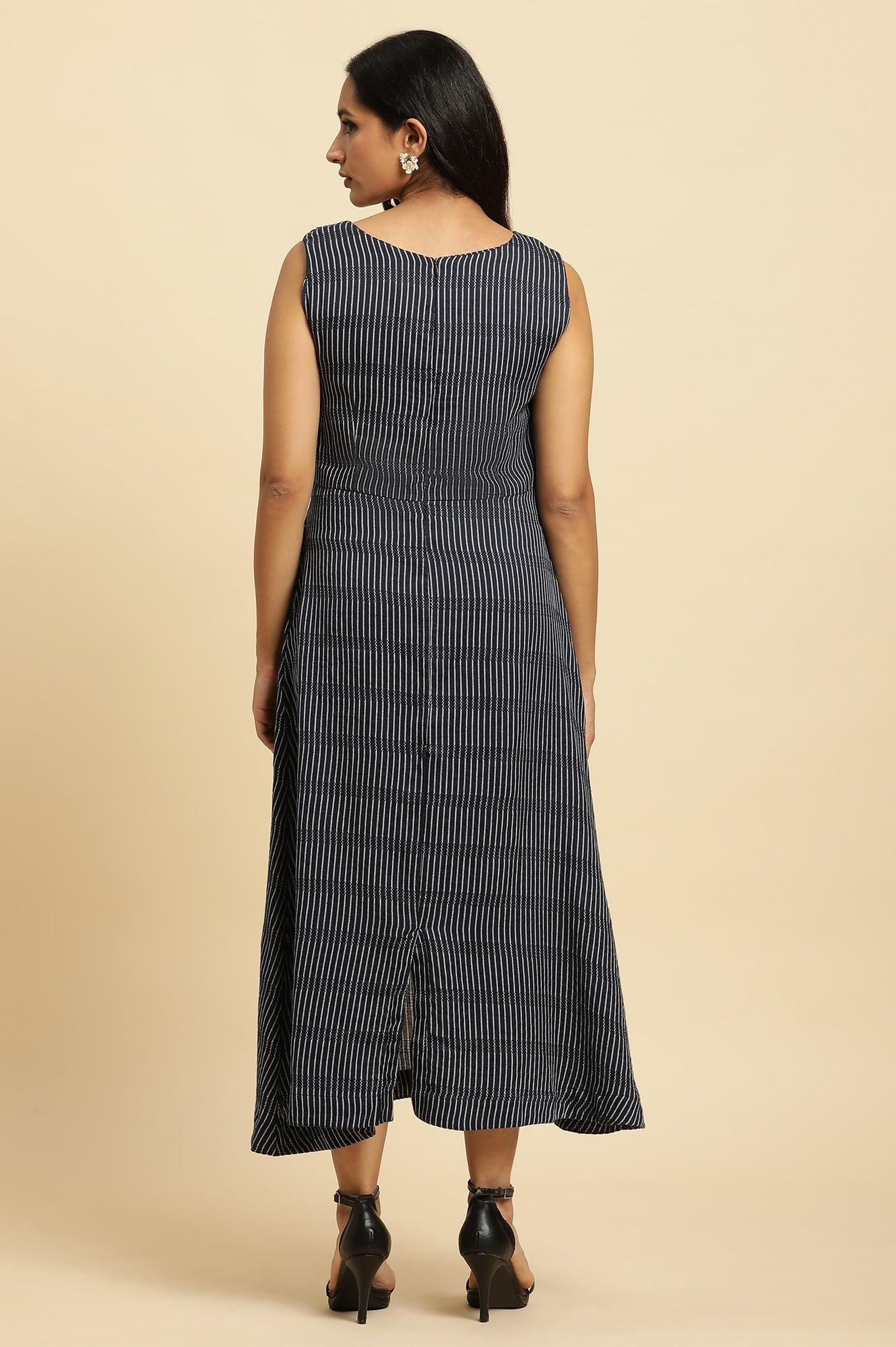 Navy Stripes Fit And Flare Dress With Embroidered Neck - wforwoman