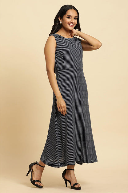 Navy Stripes Fit And Flare Dress With Embroidered Neck - wforwoman
