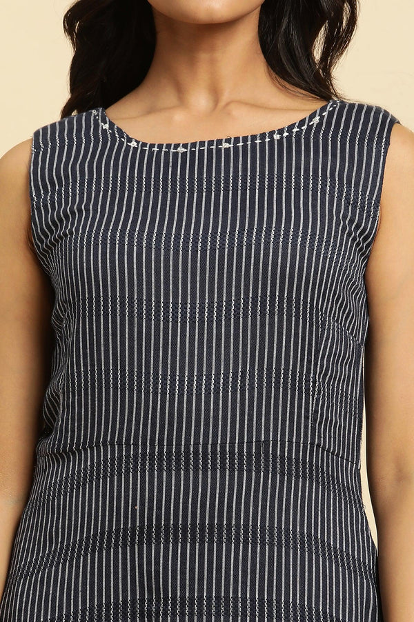 Navy Stripes Fit And Flare Dress With Embroidered Neck