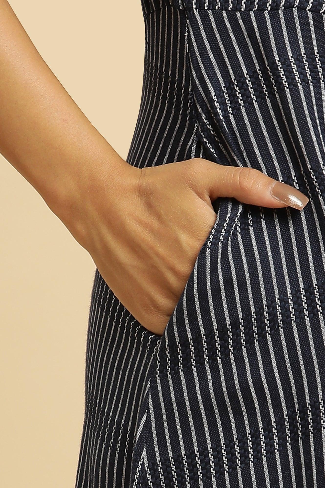 Navy Stripes Fit And Flare Dress With Embroidered Neck - wforwoman