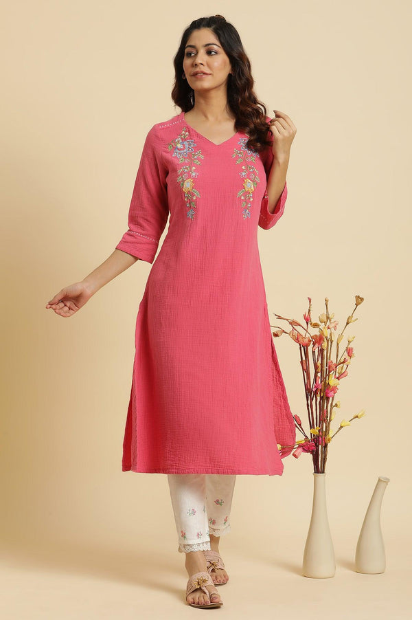 Pink Cotton Embroidered Kurta