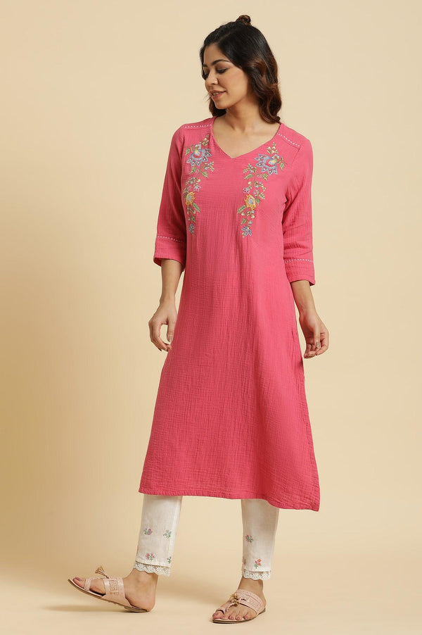 Pink Cotton Embroidered Kurta