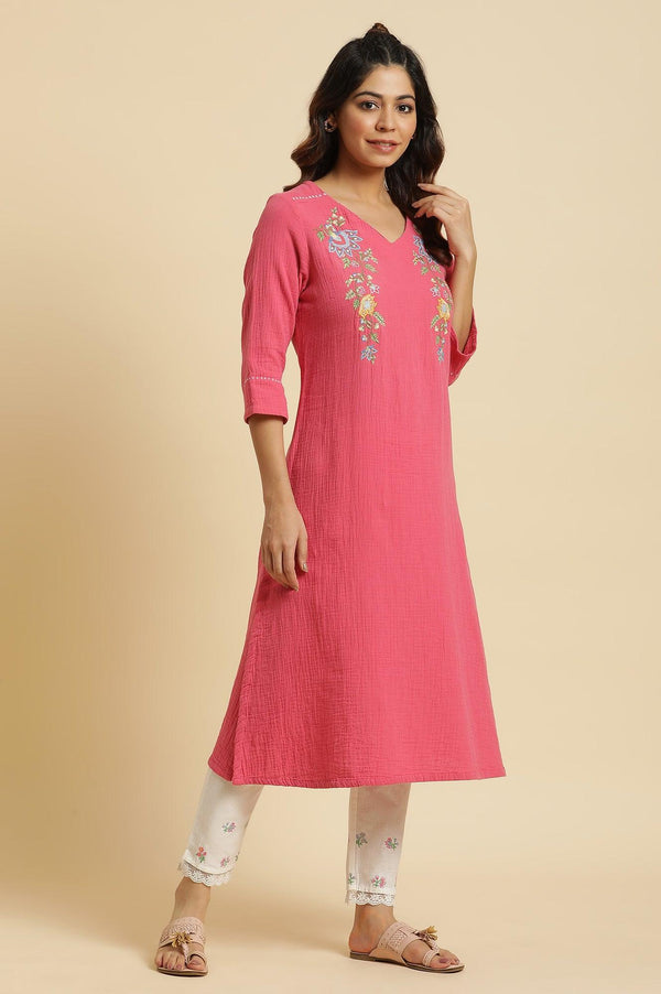 Pink Cotton Embroidered Kurta