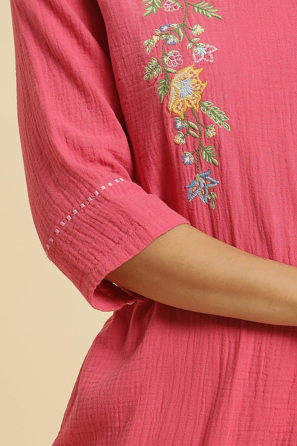 Pink Cotton Embroidered Kurta