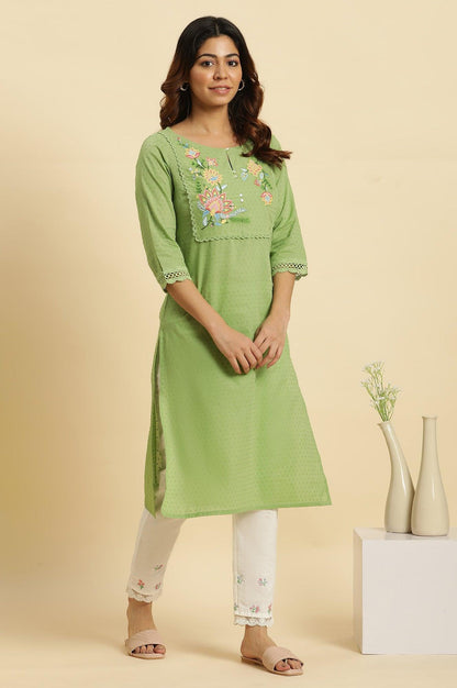 Green Floral Embroidered Cotton Kurta - wforwoman