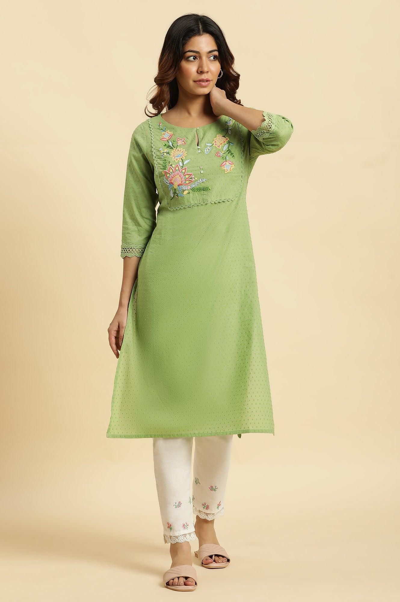 Green Floral Embroidered Cotton Kurta - wforwoman