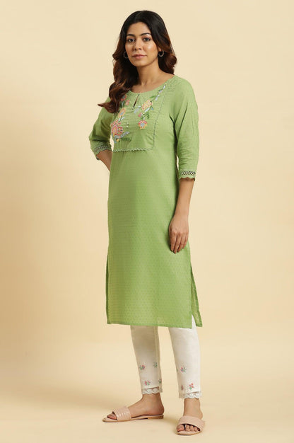 Green Floral Embroidered Cotton Kurta - wforwoman