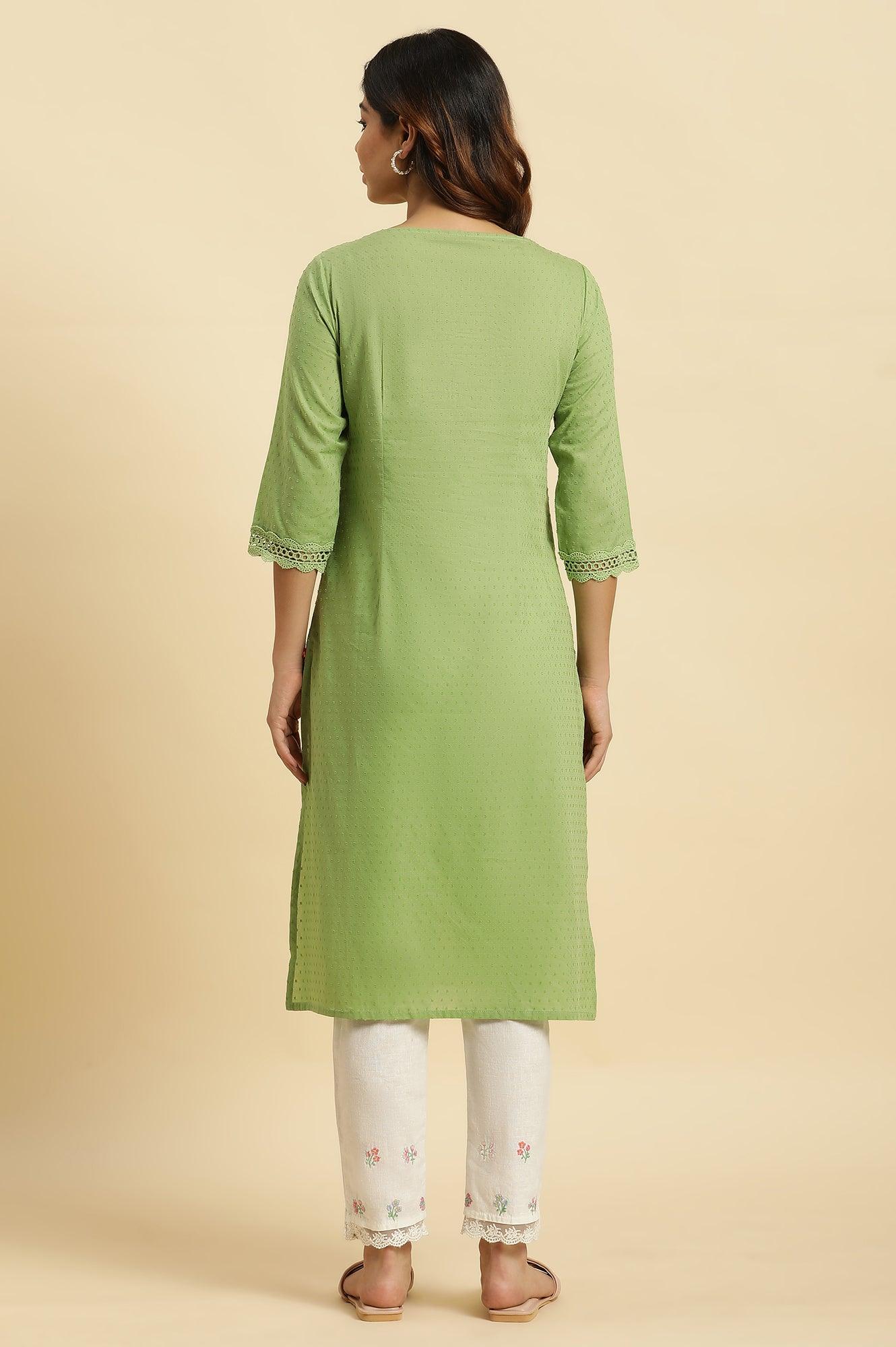 Green Floral Embroidered Cotton Kurta - wforwoman