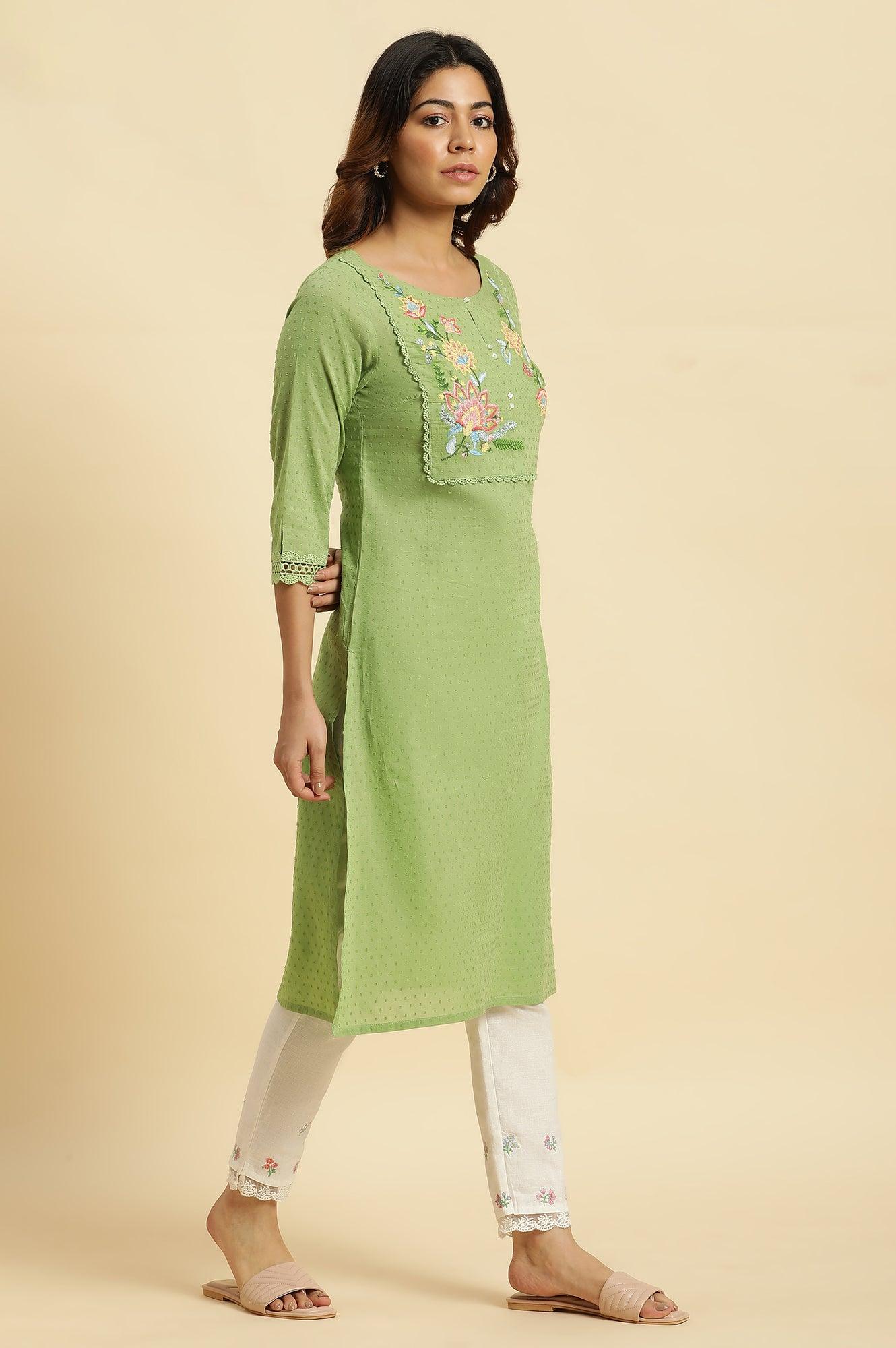 Green Floral Embroidered Cotton Kurta - wforwoman