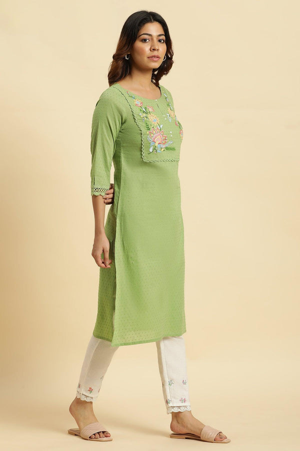 Green Floral Embroidered Cotton Kurta