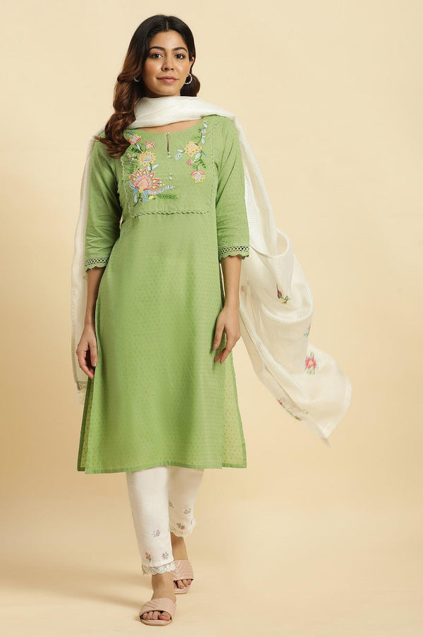 Green Floral Embroidered Cotton Kurta