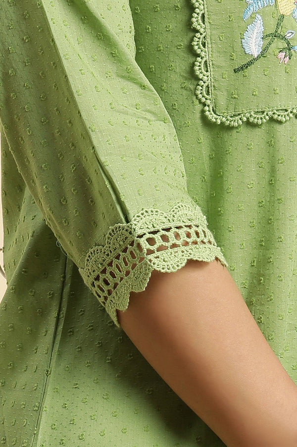 Green Floral Embroidered Cotton Kurta