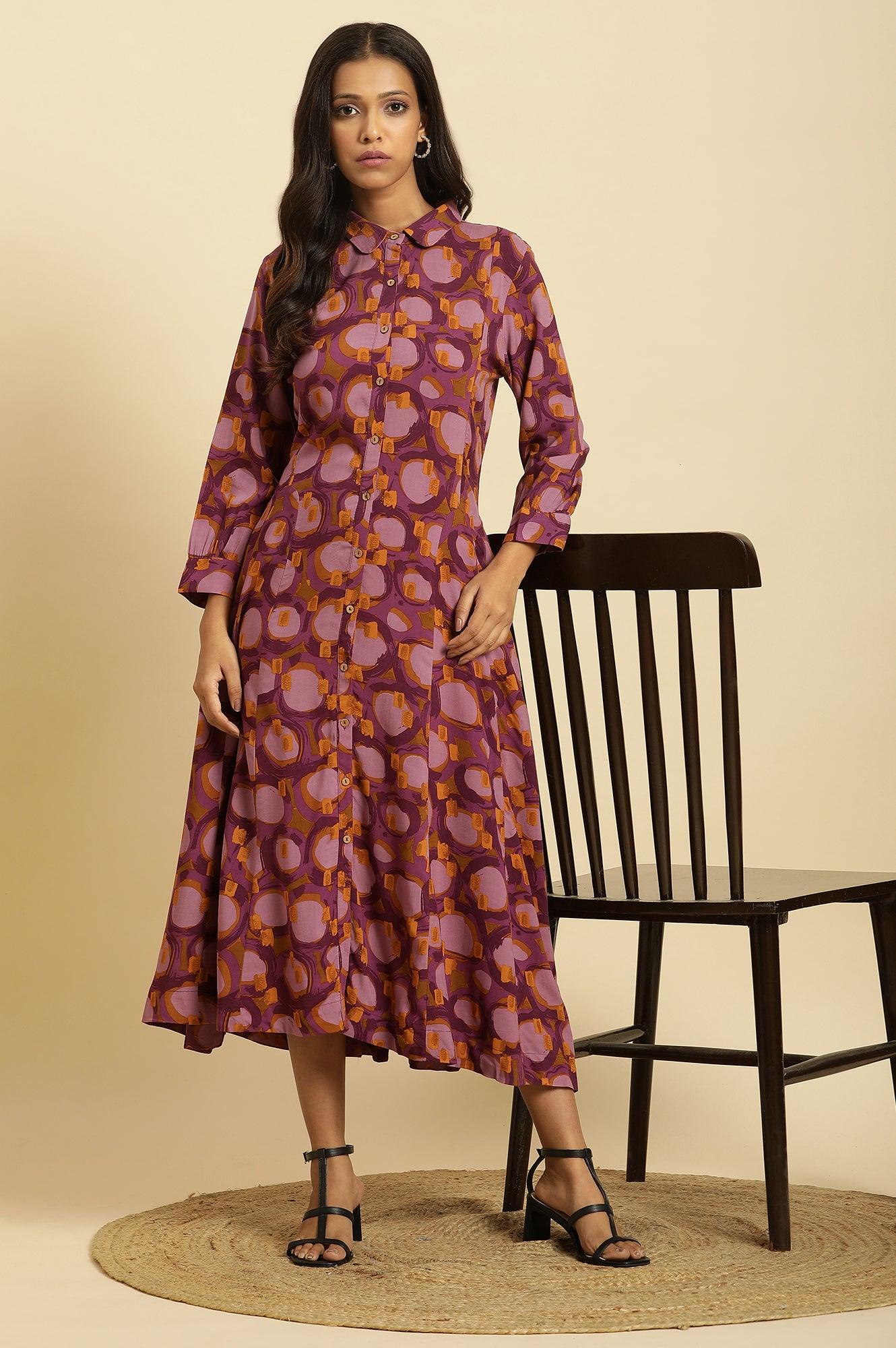 Purple Abstract Printed A-Line Western Dress - wforwoman
