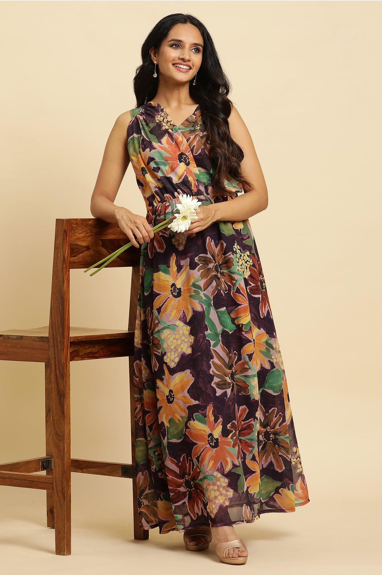 Dark Purple Floral Printed Vacay Dress