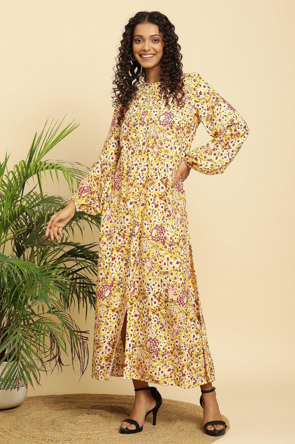 Yellow Floral Printed Flared Western Dress