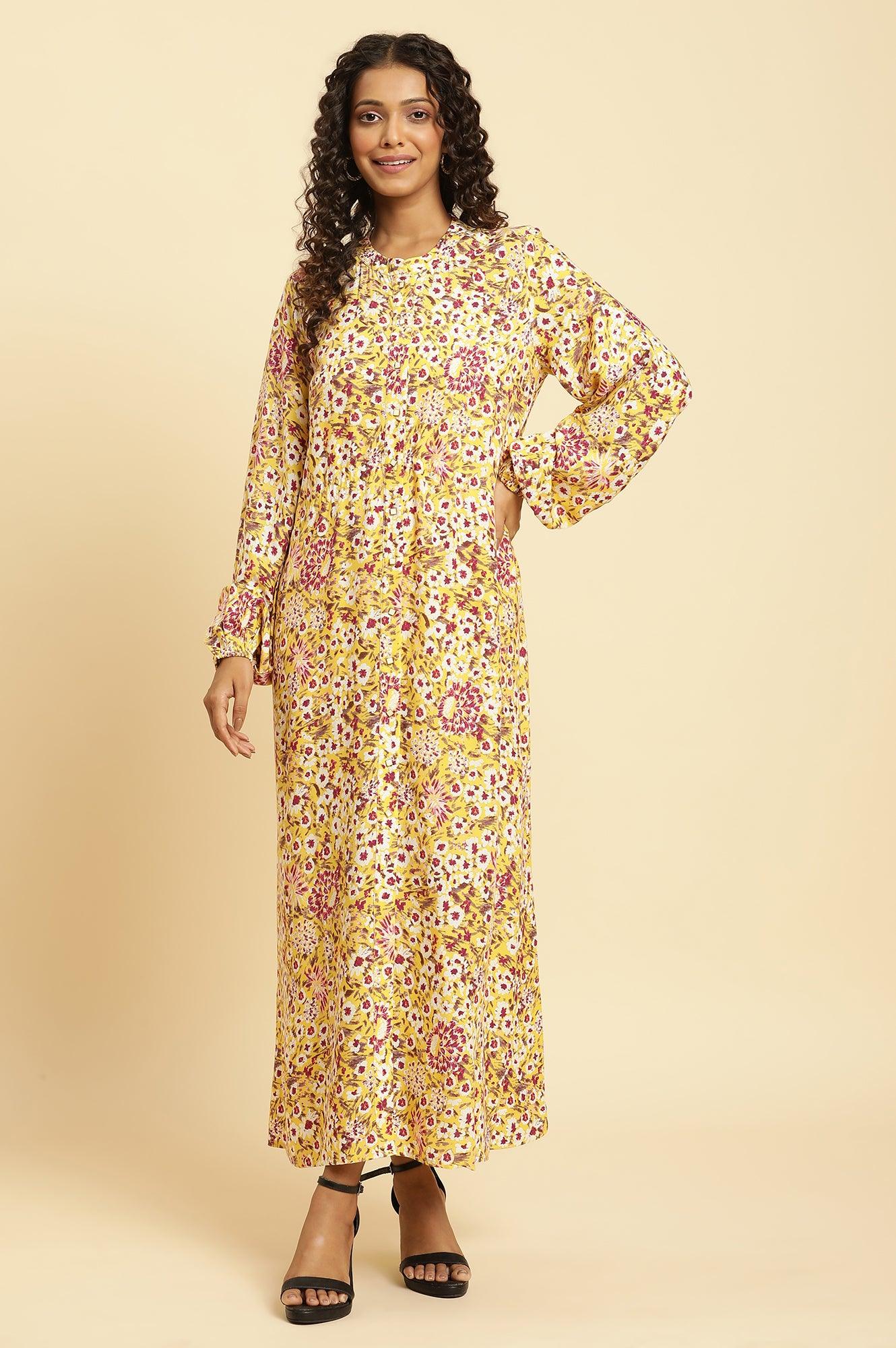 Yellow Floral Printed Flared Western Dress - wforwoman