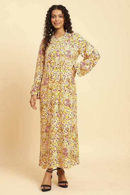 Yellow Floral Printed Flared Western Dress - wforwoman