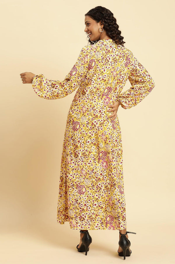 Yellow Floral Printed Flared Western Dress