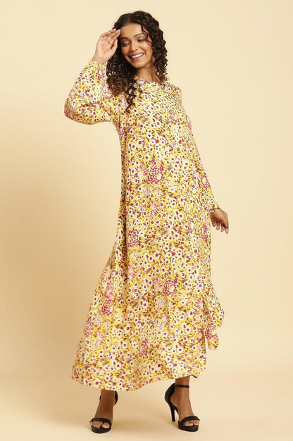 Yellow Floral Printed Flared Western Dress - wforwoman