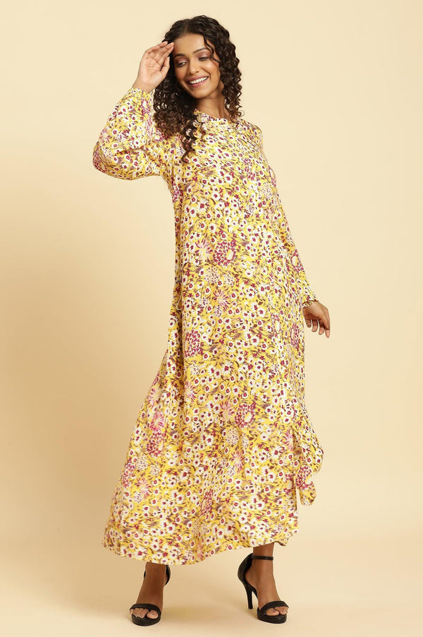 Yellow Floral Printed Flared Western Dress