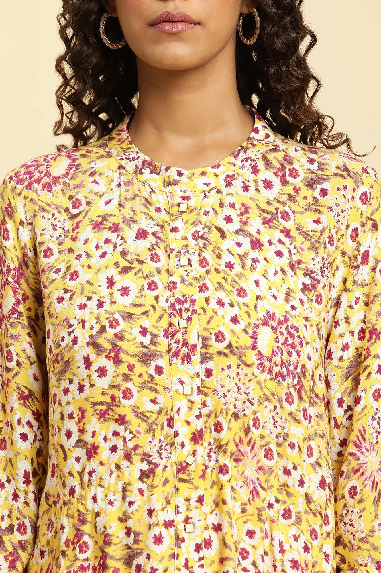 Yellow Floral Printed Flared Western Dress - wforwoman