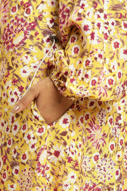 Yellow Floral Printed Flared Western Dress - wforwoman