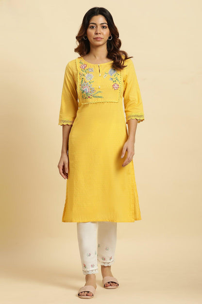 Yellow Cotton Swiss Dot Embroidered Kurta - wforwoman