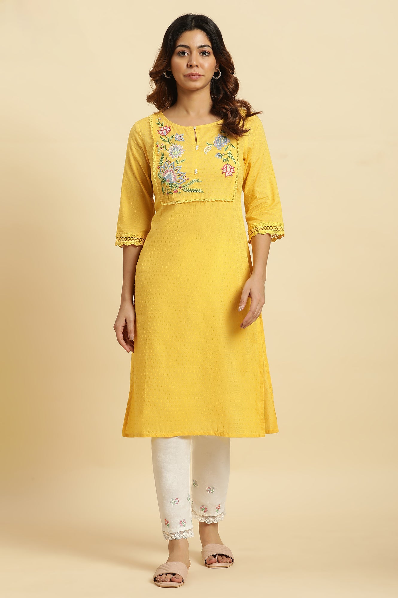 Yellow Cotton Swiss Dot Embroidered Kurta  - wforwoman