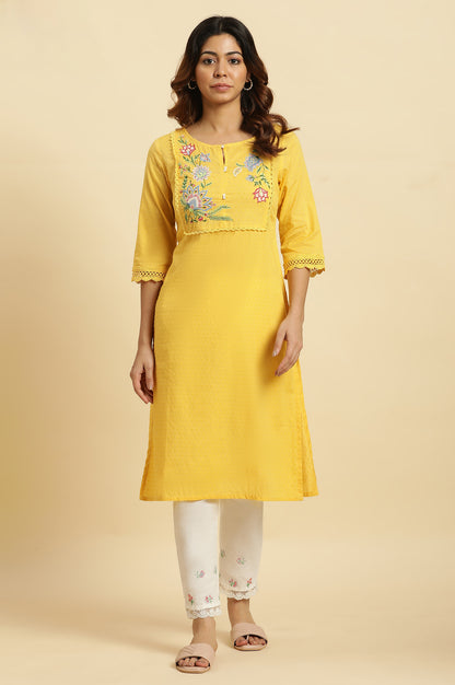 Yellow Cotton Swiss Dot Embroidered Kurta  - wforwoman