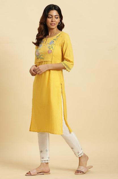Yellow Cotton Swiss Dot Embroidered Kurta - wforwoman